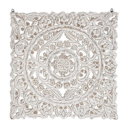 Deco 79 Wooden Floral Handmade Home Wall Decor Intricately Carved Wall Sculpture with Mandala Design, Wall Art 36" x 2" x 36", White - WoodArtSupply