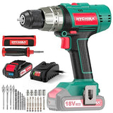 Cordless Hammer Drill Driver 18V, HYCHIKA 400 In-lbs Torque Power Drill with Auxiliary Handle, 1/2” Metal Chuck, 2.0Ah Battery, 1H Fast Charger, 21+3 Clutch, LED Light for Drilling Wood Metal Wall HYCHIKA BETTER TOOLS FOR BETTER LIFE