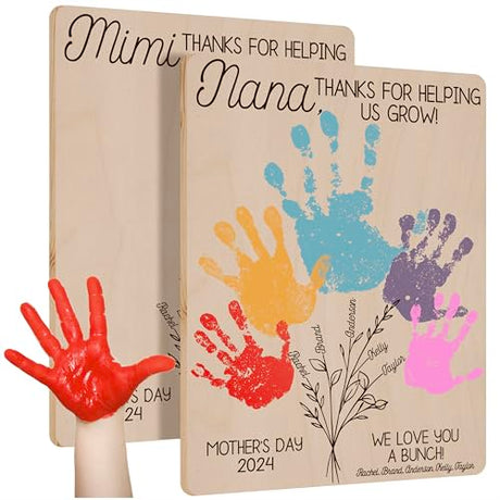 Personalized DIY Flower Handprint Wooden Sign Gifts for Nana & Mom, Customized Mother's Day Wood Wall Art Gift for Grandma & Mama Generic