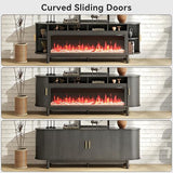 BVIUNTWO 70 Inch Modern Fireplace TV Stand for TVs up to 80 inches, Mid Century TV Console with Solid Wood Legs, Sliding Doors & Curved Design,Media Console for Living Room, Black BVIUNTWO