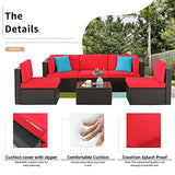 Shintenchi 6 Pieces Patio Furniture Sets Outdoor All-Weather Sectional Patio Sofa Set PE Rattan Manual Weaving Wicker Patio Conversation Set with Glass Table&Ottoman Cushion and Red Pillows, Red Shintenchi