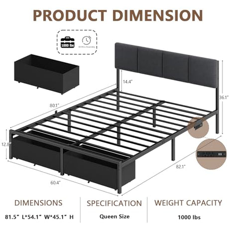 Furnulem Queen Bed Frame with Adjustable Headboard, Upholstered Bed with 2 Storage Drawers, Built-in USB Charging Station & LED Lights, Platform Bedframe with Metal Slats, No Spring Box Needed, Grey Furnulem