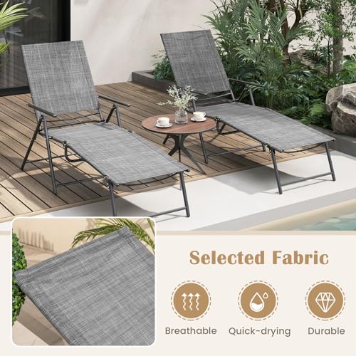 Giantex Lounge Chair Outdoor Set of 2 - Tanning Chair with 6 Adjustable Backrest, 2-Level Footrest, Folding Sunbathing Lounger for Patio, Poolside, Yard, Chaise Lounge Chair, Beach Chair (Grey)