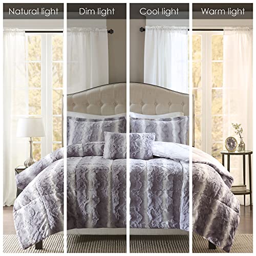 Madison Park Zuri Soft Plush Comforter Set, Faux Fur Animal Stripes Design, Faux Mink On The Reverse, Modern All Season Bedding Set with Matching Sham, King, Grey 4 Piece Madison Park