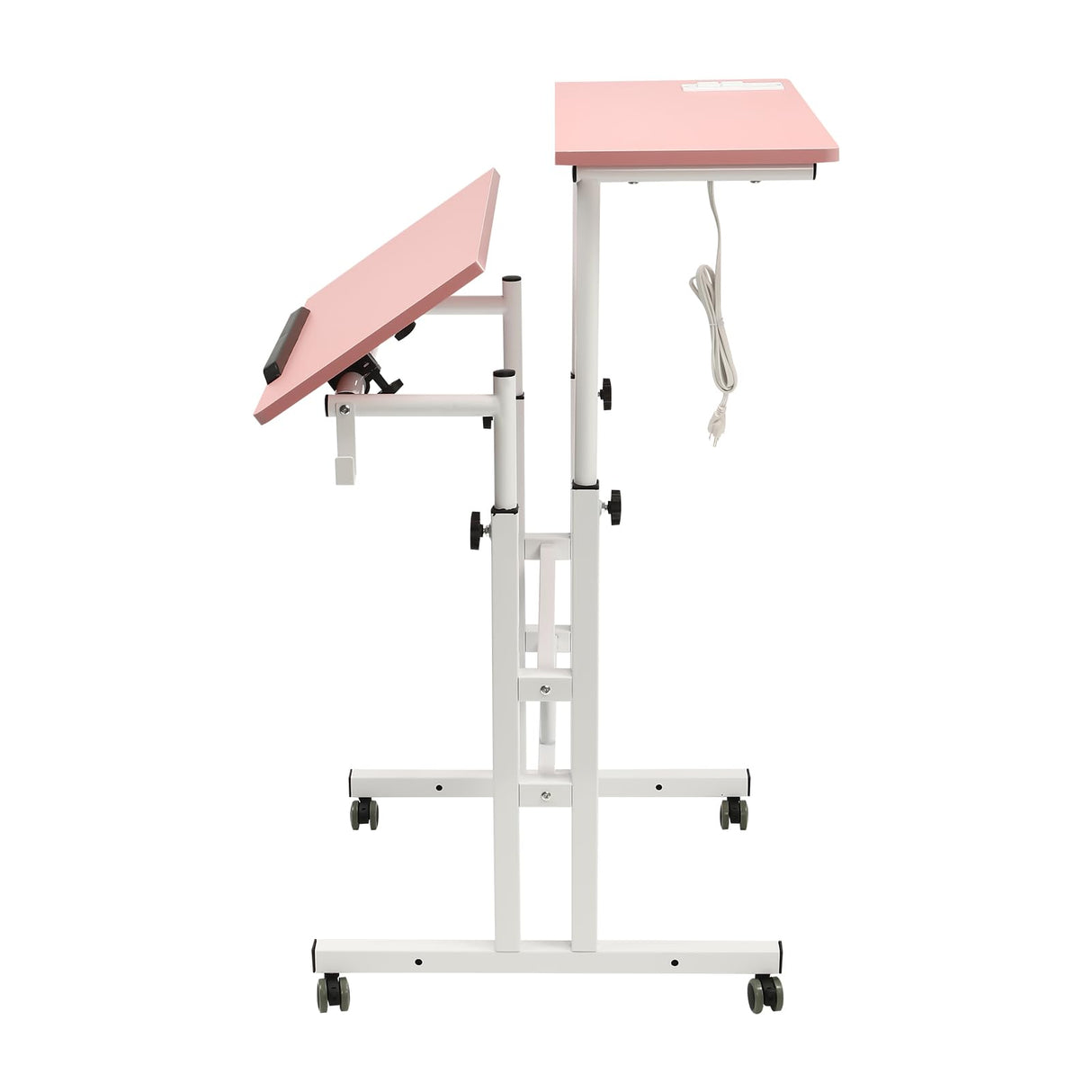 Upyouths Mobile Stand up Desk with USB Interfaces&Socket, Adjustable Standing Desk with Wheels Home Office Workstation, Sit Stand Desk Rolling Desk Laptop Cart for Standing or Sitting (Pink) Upyouths