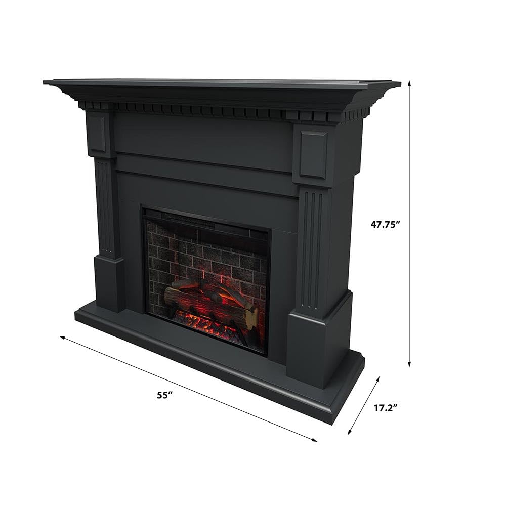 Modern Ember Augustine Black Mantel Package 55" W x 48" H with 28 Inch Electric Fireplace Insert - 1,000 Sq Ft Heater 4 Flame Colors, Ember Bed Included | Compatible with Alexa and Google Assistant Modern Ember