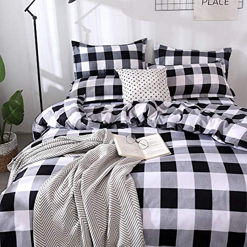 Farmhouse Buffalo Checked Bedding Set Black Gray White Plaid Comforter Cover King,Soft Lightweight Grid Bed Set 1 Lattice Duvet Cover, 2 Pillow Shams Modern Geometric Decor Grey,Zipper,Adult Erosebridal