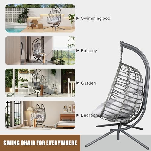 Double Hanging Egg Chair wth Stand, Patio Hammock Swing Chair with Cushion Loveseat for Bedroom, Balcony, Garden, Indoor, Outdoor HWB