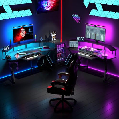 Auromie 72" Gaming Desk with Power Outlet & Led Strip, Large Wing-Shaped Computer Desk w Monitor Stand & Keyboard Tray & RGB Mouse Pad, Studio Desk w Storage Shelf Headphone Hook Cup Holder - WoodArtSupply