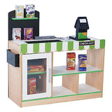 Teamson Kids Cashier Austin Interactive Wooden Play Market Stand with Lights and Sounds, Manual Conveyor Belt, Register and Display Spaces, Green and White Décor on Natural Wood Teamson Kids