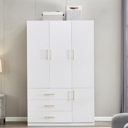 Idealcabin 3 Doors White Modern Wardrobe Armoire Wooden Closet Cabinet with Hanging Rod ShelvesBedroom Clothes Storage Organizer Bathroom Wood Closet with 3 Drawers (20.3" D x 47.2" W x 74.2" - WoodArtSupply