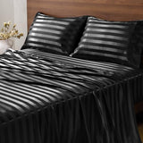BEDELITE Satin Sheets King Size, Luxury Jacquard Striped Black Bedsheets Set with Elastic Corner Straps, Similar to Silk Sheets Set 4 PC with 1 Deep Pocket Fitted Sheet, 1 Flat Sheet, & 2 Pillowcases BEDELITE