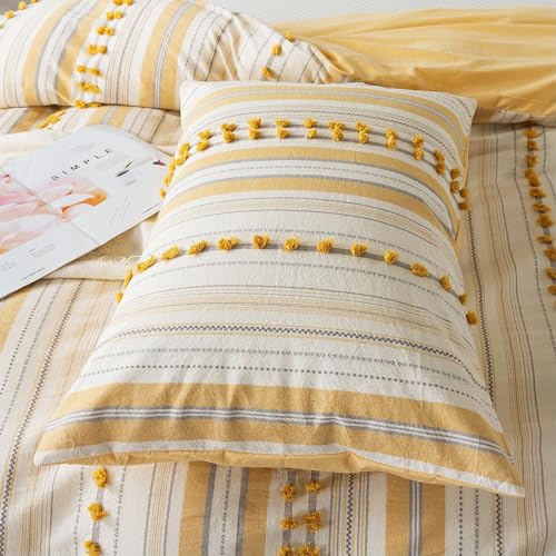 Washed Cotton Twin Size Duvet Cover Set - Tufted Dots Boho Chic Bedding for All Seasons, Striped Bohemain Bedding Linen Like Textured Breathable Durable Soft Comfy (Yellow, 66''x90'') La Sheer