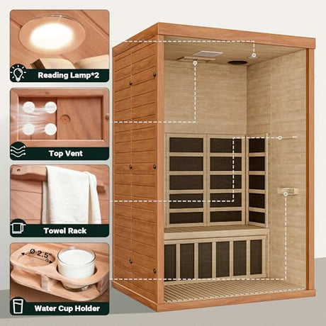 Polar Aurora 2- Person Infrared Sauna, Remotely Controllable Indoor Sauna, Low EMF 1500W/120V LCD Heater, WiFi & BT Control, 9-Color Light Therapy, Safe Flame-Retardant Material, Wood Polar Aurora