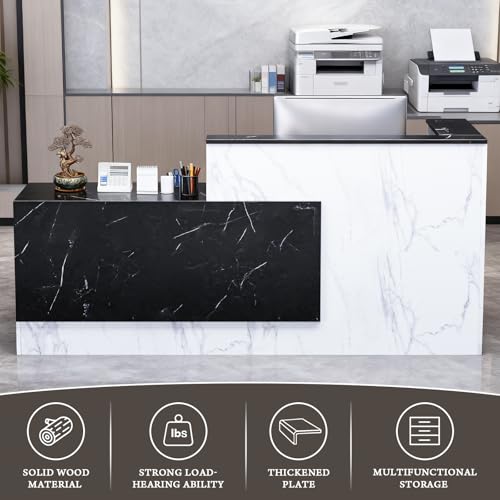 L-Shaped Modern Reception Desk with Counter & Storage - 71"/84" Large Office Front Desk, Salon Checkout Counter with Lockable Cabinets, Shelves & Drawers (Black & White, Left - 71''L x 34''W x 41''H) kaiwrxin