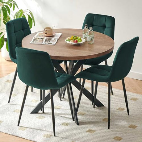 Homedot 37" Round Table Set for 4 Person, Modern Kitchen Table Set, Imitation Wood Dining Table with Space Saving Dining Chairs, Dark Green Velvet Side Chairs Homedot