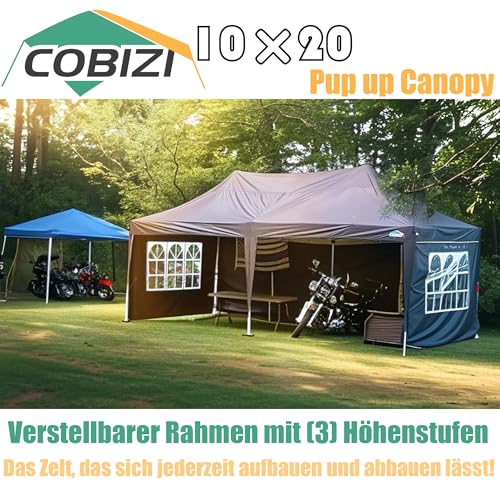 COBIZI 10x20 Pop Up Canopy Tent with Sidewalls,Party Tent Outdoor Gazebos, Waterproof & UV50+,3 Adjustable Heights,Higher Frame Design - Extra Tall for Parties Backyard,Weddings,Markets,Black COBIZI