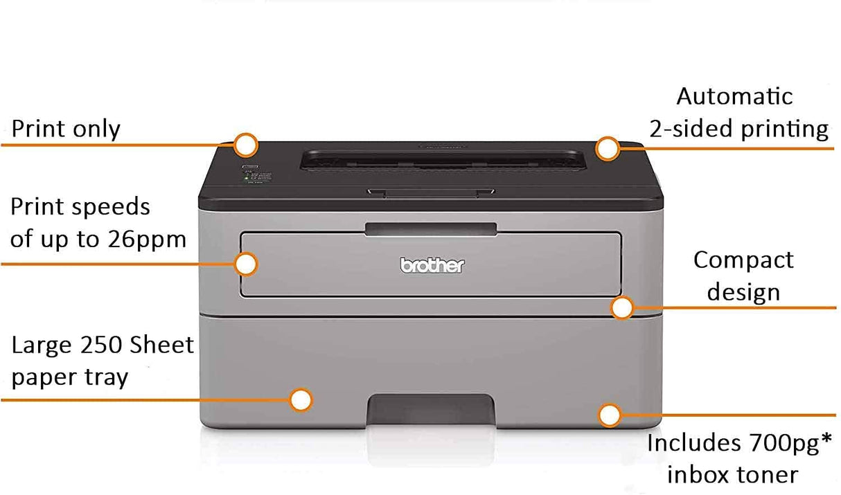 Brother L-2300D Series Compact Monochrome Laser Printer I Auto 2-Sided Printing I Up to 26 Pages/min I 250-sheet/tray I 2400 x 600 dpi I 27ppm + Printer Cable Brother