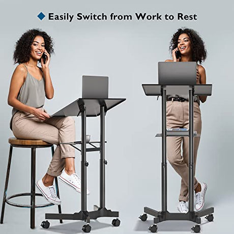 BONTEC Lecterns & Podiums Portable Mobile Standing Laptop Desk, Height Adjustable, Sit Stand, Home Office Classroom Pulpit Stand Up Desk Workstation, Rolling Table Laptop Cart with Storage Tray BONTEC