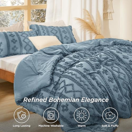 Bedsure Tufted Boho Comforter Set Queen Size - Dusty Blue Boho Bed Set, GentleSoft™ 3 Pieces Farmhouse Shabby Chic Embroidery Bedding, Gifts for Woman, Soft Jacquard Queen Comforter for All Seasons Bedsure