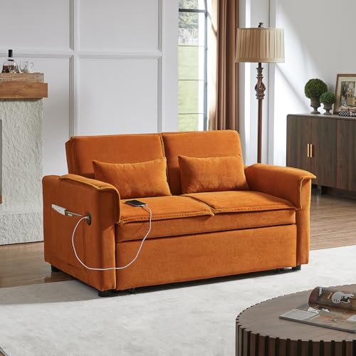 Modern Convertible Sofa Couch Bed, USB Ports, 3 in 1 Velvet Sleeper Sofa Pull Out Bed for Living Room Apartment Small, Widen Armrest Reclining Sofa Futon Adjustable Backrest with 2 Pillows(Orange) Deolme