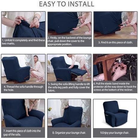 KEKUOU Recliner Chair Covers,Lazy Boy Recliner Covers Stretch Couch Cover Slipcovers 1 Piece Furniture Protector with Elastic Bottom for Dog,Kids.(Recliner, Navy Blue) KEKUOU