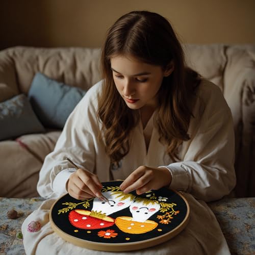 57lilina Embroidery Kit for Beginners, Pack of 3 with Hoops, Threads, Needles - Starter Cross Stitch Supplies for Adults, Gift for Relaxation Craft Lovers, Mushroom Theme