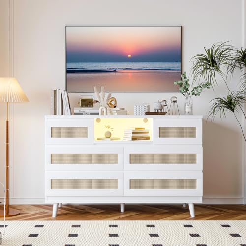GarveeHome Natural Rattan Dresser for Bedroom with LED Light and Charging Station, 6 Drawer Double Dressers, Modern Wooden Dresser Chest, Beside Table for Closet, Nursery, Living Room, White GarveeHome