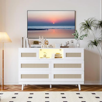 GarveeHome Natural Rattan Dresser for Bedroom with LED Light and Charging Station, 6 Drawer Double Dressers, Modern Wooden Dresser Chest, Beside Table for Closet, Nursery, Living Room, White - WoodArtSupply