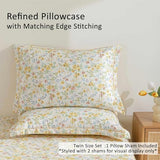 100% Natural Cotton Duvet Cover Twin Size 2Pcs - Yellow Duvet Cover with Pink & Green Flowers and Leaves on White,Reversible Floral Comforter Cover Sets with Button Closure(68"×90"，1 Pillowsham） ALEISSEL