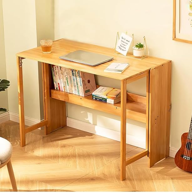 Compact Bamboo Folding Desk with Bookshelf – 40.6 Inch Space-Saving Computer Table - WoodArtSupply