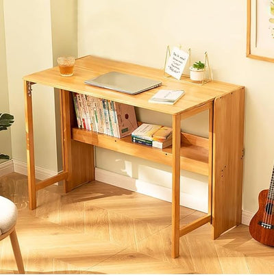 Compact Bamboo Folding Desk with Bookshelf – 40.6 Inch Space-Saving Computer Table
