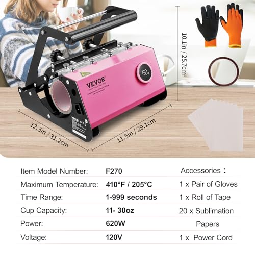 VEVOR Tumbler Heat Press Machine, Tumbler Press for 30OZ 20OZ Sublimation Straight Skinny Tumblers, with Knob Control Temp&Timer Setting for 11-16oz Mugs, Mug Press with Paper Heat Tape Glove - WoodArtSupply