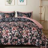 Dobuyly Black Comforter Queen Size Set, 7 Piece Floral Bedding Comforter Set, Black and Pink Bed in a Bag Botanical Flower Pattern with Sheets, Pillowcases & Shams All Season Dobuyly