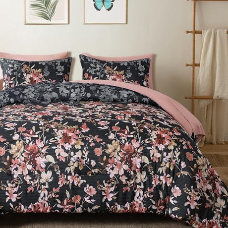 Dobuyly Black Comforter Queen Size Set, 7 Piece Floral Bedding Comforter Set, Black and Pink Bed in a Bag Botanical Flower Pattern with Sheets, Pillowcases & Shams All Season Dobuyly