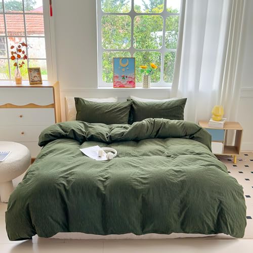 PinkMemory Green Striped Duvet Cover Queen 100% Washed Cotton Olive Green Stripes Duvet Cover Set Full 3pcs Pinstripe Pattern Bedding Set with Zipper Closure Corner Ties,Soft Breathable PinkMemory
