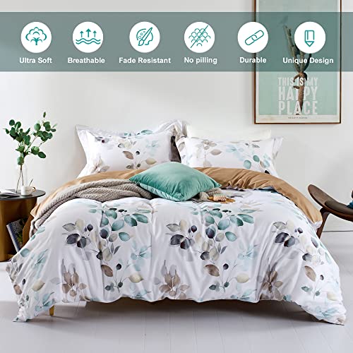 MILDLY 100% Long-Staple Cotton Duvet Cover Set, Gradient Teal Leaves Pattern Bedding Set 3pcs, Ultra Soft Breathable Chic Comforter Cover MILDLY