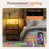 Sweetcrispy Nightstand with Charging Station, Bedside End Table with 3 Fabric Drawers & USB/Type-C Ports and Outlets, Night Stand for Bedroom Furniture, Adjustable Feet and Variable Light Strip, Rust Sweetcrispy