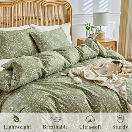 AMWAN King Size Comforter Set Olive Green 3 Pieces King Boho Floral Bedding Set, All Season King Bedding Sets with 1 Comforter and 2 Pillowcases, Soft Thick Aesthetic Comforter Sets AMWAN