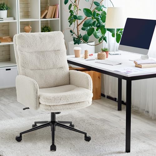 IWMH High-Back Home Office Chair,Upholstered Desk Chair with Armrests,Height Adjustable Armchair with Wheels, Swivel Office Desk Chair, Ergonomic Computer Task Chair, Leisure Armchair Cashmere(White) IWMH