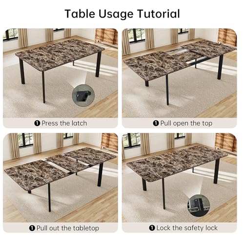 HIPIHOM Extendable Dining Table Set for 6-8 People, 63 to 78.7 Inch MDF Kitchen Table with 6 Upholstered Chairs, Space-Saving for Dining Room, Breakfast Nook (Brown Table & 6 Brown U-Shaped Chairs) HIPIHOM