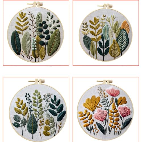 MULTIONS 4 Pack Embroidery Kit for Beginners, Cross Stich for Adults, Embroidery Starter Kits with Pattern, Hoop, Neeldes, Scissor(Flower and Plants)
