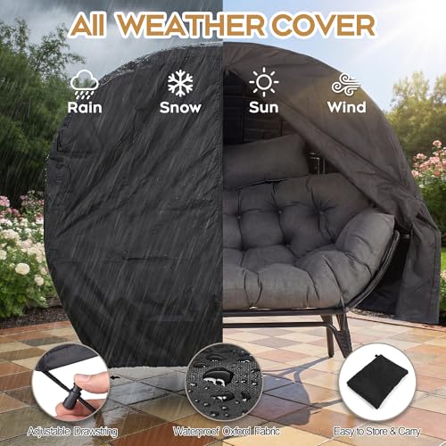 CHINNLUU Double Egg Chair Outdoor Indoor 2 Person Wicker Egg Lounge Chair with Foldable Cup Holder Cushion Rain Cover Patio Oversized Loveseat for Balcony Porch Backyard