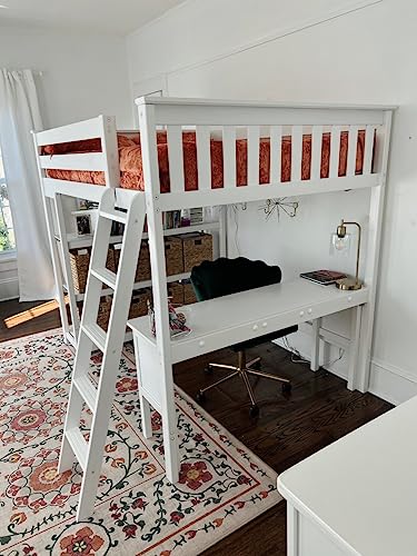 Max & Lily High Loft Bed with Desk and Bookcase, White Solid Wood Frame for Kids and Teens Max & Lily