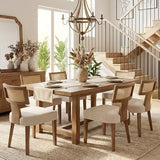 HNY Mid Century Modern Rattan Dining Chairs Set of 6, Farmhouse Linen Upholstered Accent Chair Curved Backrest Kitchen Chairs, with Hardwood Frame, Beige HNY