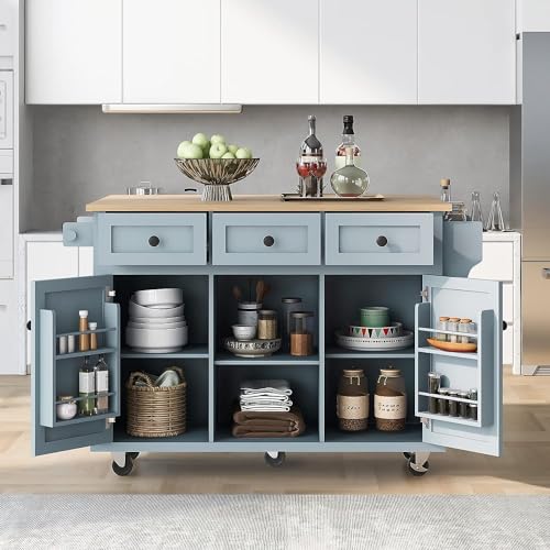 Coolove Kitchen Cart with Rubber Wood Drop-Leaf Countertop,Kitchen Island on 5 Wheels with Storage Cabinet and 6 Drawers for Dinning Room Coolove