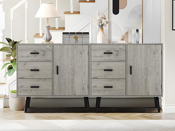 Iwell Storage Cabinet with 3 Drawers & Adjustable Shelf, Sideboard Buffet Cabinet, Small Freestanding Floor Storage Unit, for Living Room, Home Office, Rustic Grey Iwell