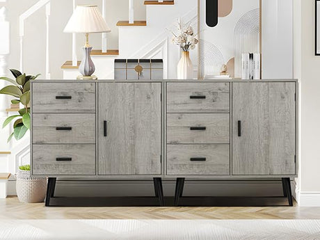 Iwell Storage Cabinet with 3 Drawers & Adjustable Shelf, Sideboard Buffet Cabinet, Small Freestanding Floor Storage Unit, for Living Room, Home Office, Rustic Grey Iwell