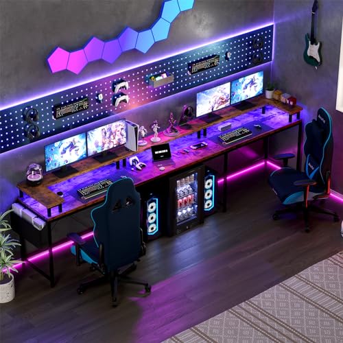 FinerFurnis u Shaped Desk with Power Outlets & LED Lights, 79" Extra Large Reversible Corner Office Desk, Monitor Stand & Storage Shelves, Corner Computer Table Office Table with Full Monitor Stand FinerFurnis