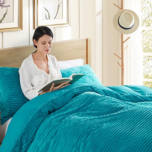 Nestl Premium Flannel Duvet Cover Set - 2 PC Reversible Twin Comforter Cover Set with Microfiber Back - 1 Velvet Duvet Cover Twin with Zipper Closure & 1 Pillow Sham 68 x 90 inches – Teal Nestl